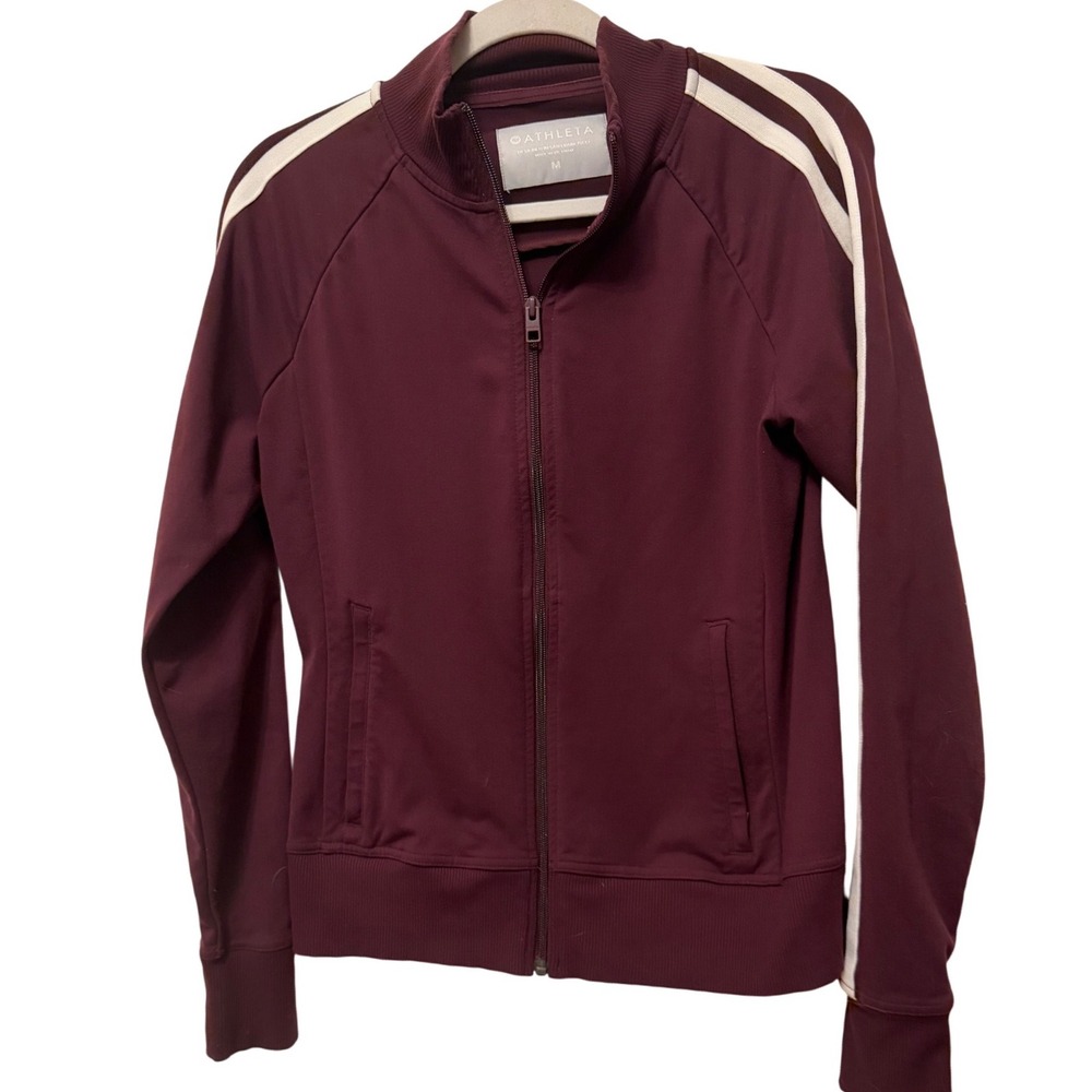 Athleta Circa Burgundy White Stripe Full Zip Track Jacket Size M